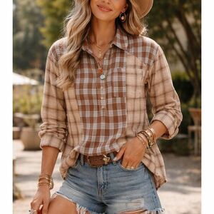 NWT Heyson Size Small Patchwork Mixed Plaid Upper Button Front Top Brown